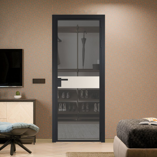 Межкомнатная дверь ProfilDoors 6 AG стекло Комфорт серый цвет профиля Черный матовый вставка Кремовая Магнолия