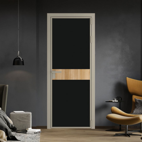 Межкомнатная дверь ProfilDoors 6 AG стекло Монохром черный триплекс цвет профиля Никель матовый вставка Дуб Карамель