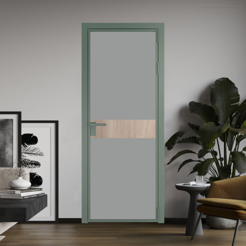 Межкомнатная дверь ProfilDoors 6 AG стекло Монохром серый триплекс цвет профиля Зеленый воск вставка Дуб Сонома
