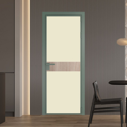 Межкомнатная дверь ProfilDoors 6 AG стекло Монохром жемчуг триплекс цвет профиля Зеленый воск вставка Дуб Сонома