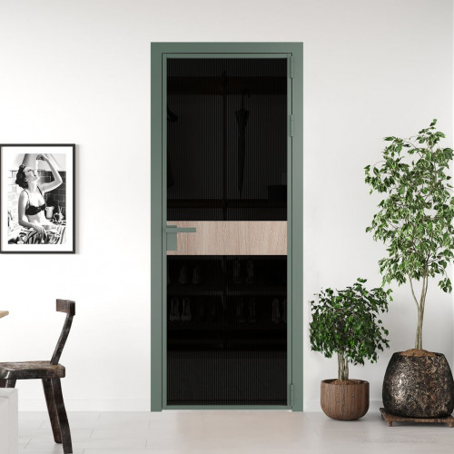 Межкомнатная дверь ProfilDoors 6 AG стекло Мору двухстороннее черное цвет профиля Зеленый воск вставка Дуб Сонома