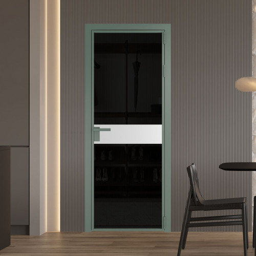 Межкомнатная дверь ProfilDoors 6 AG стекло Мору двухстороннее черное цвет профиля Зеленый воск вставка Крем Вайт