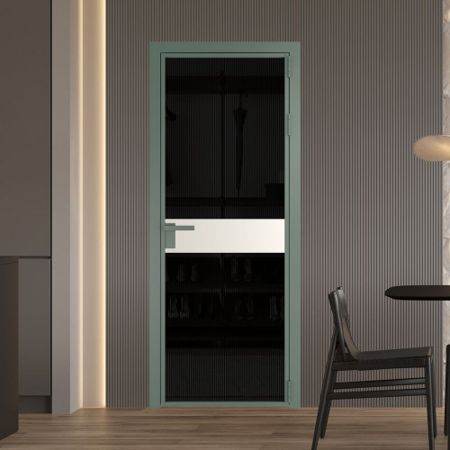 Межкомнатная дверь ProfilDoors 6 AG стекло Мору двухстороннее черное цвет профиля Зеленый воск вставка Перламутр белый