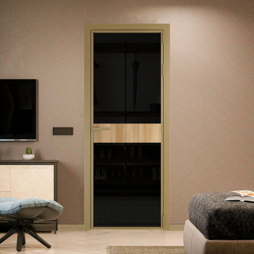 Межкомнатная дверь ProfilDoors 6 AG стекло Мору двухстороннее черное цвет профиля Золото вставка Дуб Карамель