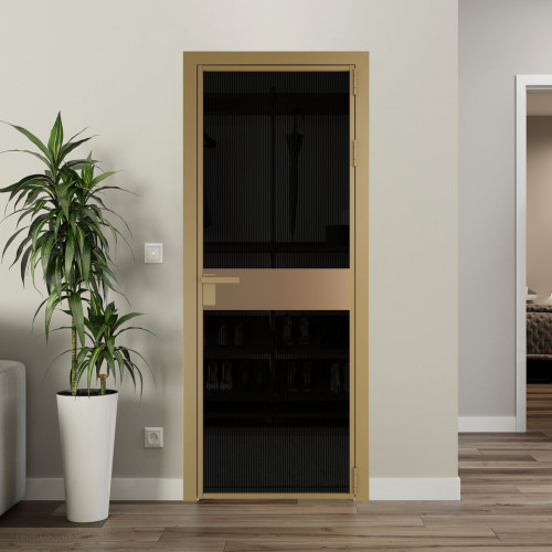 Межкомнатная дверь ProfilDoors 6 AG стекло Мору двухстороннее черное цвет профиля Золото вставка Перламутр золото