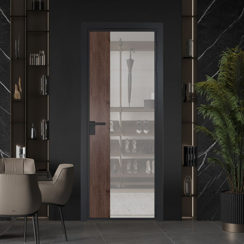 Межкомнатная дверь ProfilDoors 7 AG стекло Кризет цвет профиля Черный матовый вставка Дуб Тобакко
