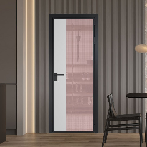 Межкомнатная дверь ProfilDoors 7 AG стекло Кризет розовое цвет профиля Черный матовый вставка Крем Вайт