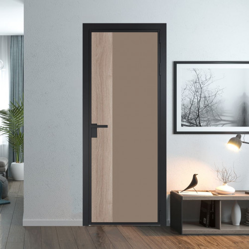 Межкомнатная дверь ProfilDoors 7 AG стекло Монохром капучино триплекс цвет профиля Черный матовый вставка Дуб Сонома