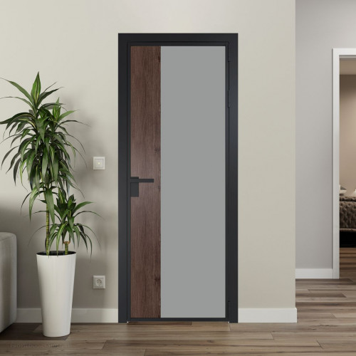 Межкомнатная дверь ProfilDoors 7 AG стекло Монохром серый триплекс цвет профиля Черный матовый вставка Дуб Тобакко