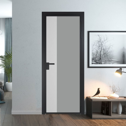 Межкомнатная дверь ProfilDoors 7 AG стекло Монохром серый триплекс цвет профиля Черный матовый вставка Крем Вайт