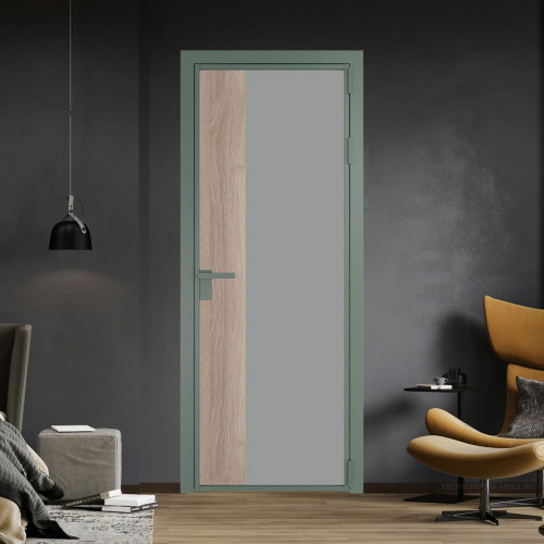 Межкомнатная дверь ProfilDoors 7 AG стекло Монохром серый триплекс цвет профиля Зеленый воск вставка Дуб Сонома