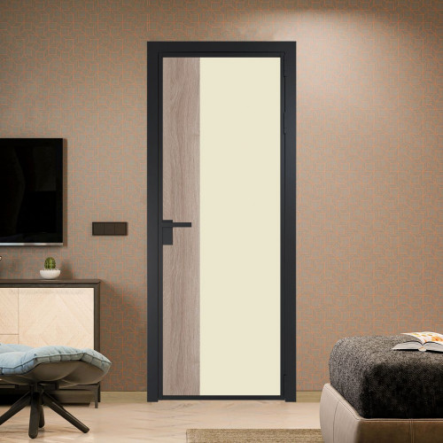 Межкомнатная дверь ProfilDoors 7 AG стекло Монохром жемчуг триплекс цвет профиля Черный матовый вставка Дуб Сонома