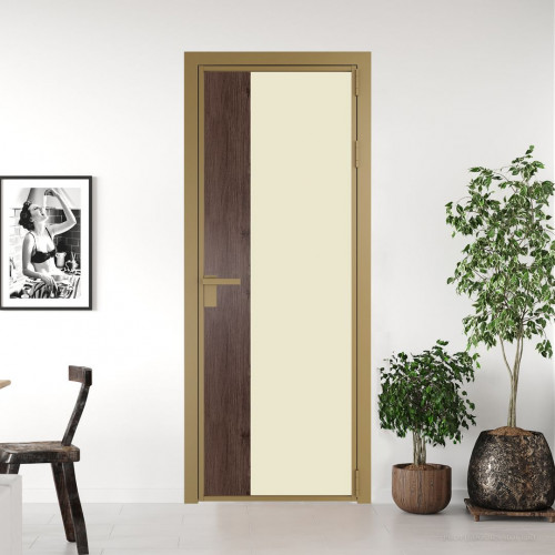 Межкомнатная дверь ProfilDoors 7 AG стекло Монохром жемчуг триплекс цвет профиля Золото вставка Дуб Тобакко