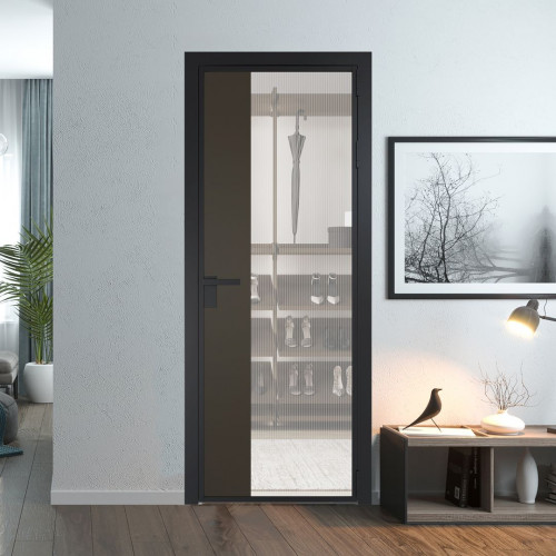 Межкомнатная дверь ProfilDoors 7 AG стекло Мору двухстороннее белое цвет профиля Черный матовый вставка Перламутр бронза