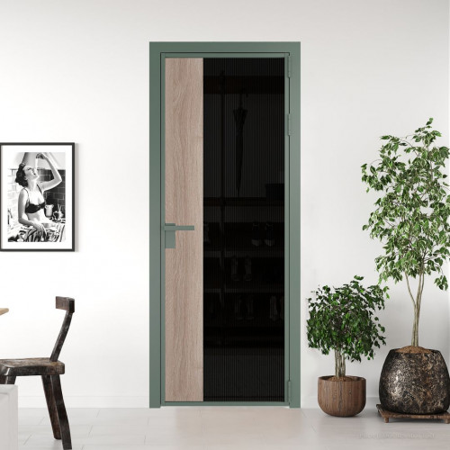 Межкомнатная дверь ProfilDoors 7 AG стекло Мору двухстороннее черное цвет профиля Зеленый воск вставка Дуб Сонома