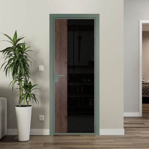 Межкомнатная дверь ProfilDoors 7 AG стекло Мору двухстороннее черное цвет профиля Зеленый воск вставка Дуб Тобакко