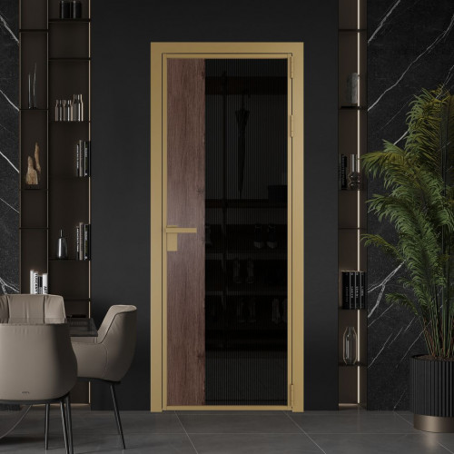 Межкомнатная дверь ProfilDoors 7 AG стекло Мору двухстороннее черное цвет профиля Золото вставка Дуб Тобакко