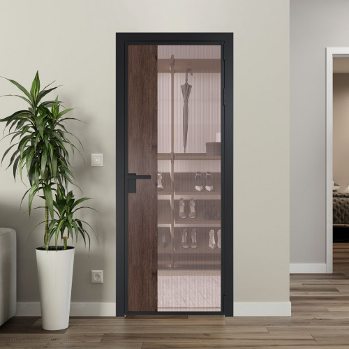 Межкомнатная дверь ProfilDoors 7 AG стекло Мору розовое цвет профиля Черный матовый вставка Дуб Тобакко