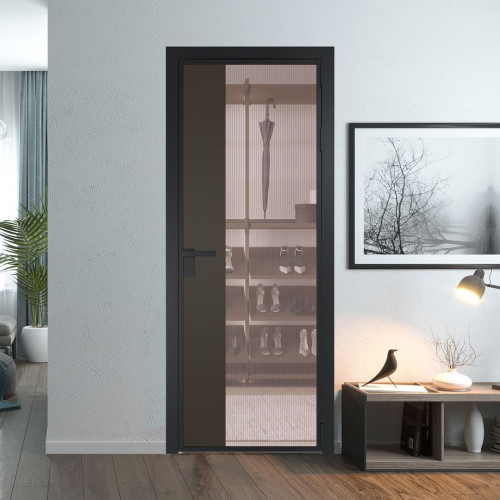 Межкомнатная дверь ProfilDoors 7 AG стекло Мору розовое цвет профиля Черный матовый вставка Перламутр бронза