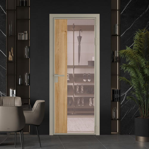 Межкомнатная дверь ProfilDoors 7 AG стекло Мору розовое цвет профиля Никель матовый вставка Дуб Карамель
