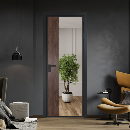 Межкомнатная дверь ProfilDoors 7 AG стекло Зеркало цвет профиля Черный матовый вставка Дуб Тобакко