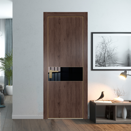 Межкомнатная дверь ProfilDoors 17NA Дуб Тобакко профиль Золото вставка Lacobel Черный лак