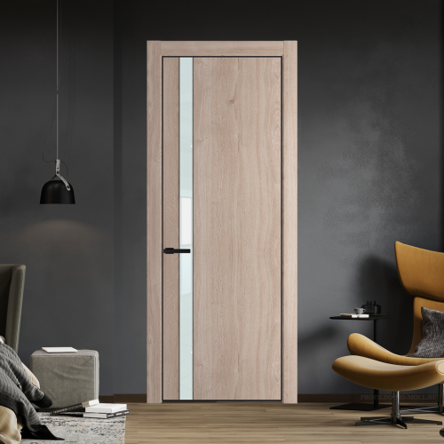Межкомнатная дверь ProfilDoors 18NA Дуб Сонома профиль Черный матовый вставка Lacobel Белый лак