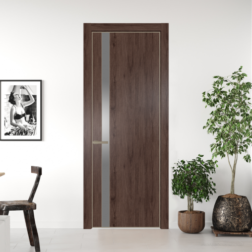 Межкомнатная дверь ProfilDoors 18NA Дуб Тобакко профиль Никель матовый вставка Lacobel Серебряный лак