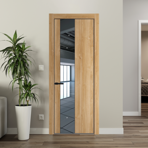 Межкомнатная дверь ProfilDoors 19NA Дуб Карамель профиль Черный матовый вставка Зеркало
