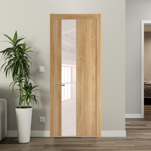 Межкомнатная дверь ProfilDoors 19NA Дуб Карамель профиль Никель матовый вставка Lacobel Перламутровый лак