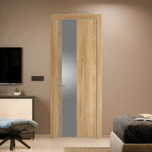 Межкомнатная дверь ProfilDoors 19NA Дуб Карамель профиль Никель матовый вставка Lacobel Серебряный лак