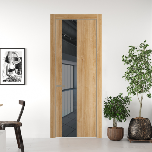 Межкомнатная дверь ProfilDoors 19NA Дуб Карамель профиль Никель матовый вставка Зеркало Grey
