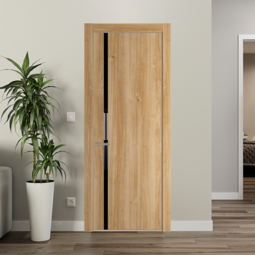Межкомнатная дверь ProfilDoors 21NA Дуб Карамель профиль Никель матовый вставка Lacobel Черный лак