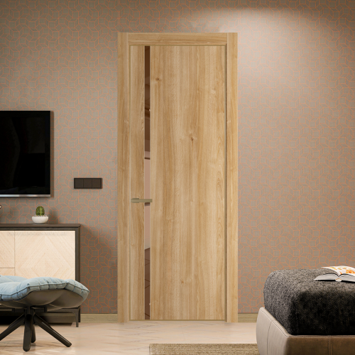 Межкомнатная дверь ProfilDoors 21NA Дуб Карамель профиль Золото вставка Зеркало Bronza