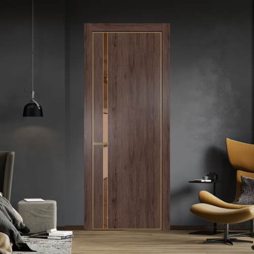 Межкомнатная дверь ProfilDoors 21NA Дуб Тобакко профиль Золото вставка Зеркало Bronza