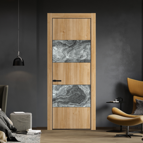 Межкомнатная дверь ProfilDoors 22NA Дуб Карамель профиль Черный матовый вставка Атриум серебро