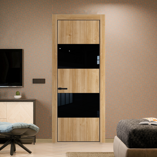 Межкомнатная дверь ProfilDoors 22NA Дуб Карамель профиль Черный матовый вставка Lacobel Черный лак
