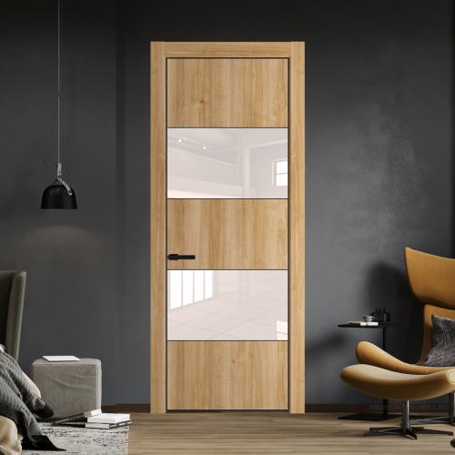 Межкомнатная дверь ProfilDoors 22NA Дуб Карамель профиль Черный матовый вставка Lacobel Перламутровый лак