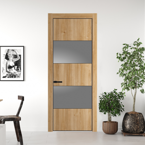 Межкомнатная дверь ProfilDoors 22NA Дуб Карамель профиль Черный матовый вставка Lacobel Серебряный лак