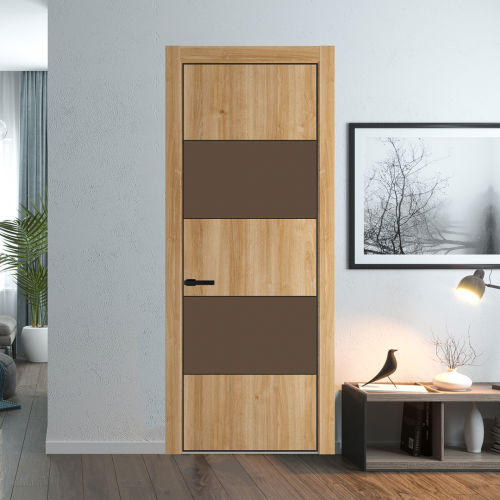 Межкомнатная дверь ProfilDoors 22NA Дуб Карамель профиль Черный матовый вставка Монохром гляссе