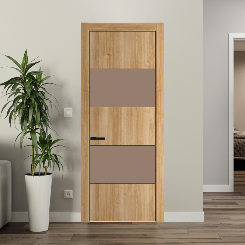 Межкомнатная дверь ProfilDoors 22NA Дуб Карамель профиль Черный матовый вставка Монохром капучино