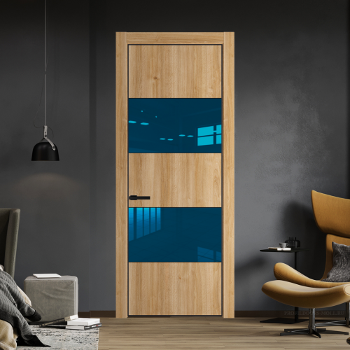 Межкомнатная дверь ProfilDoors 22NA Дуб Карамель профиль Черный матовый вставка Зеркало Blue