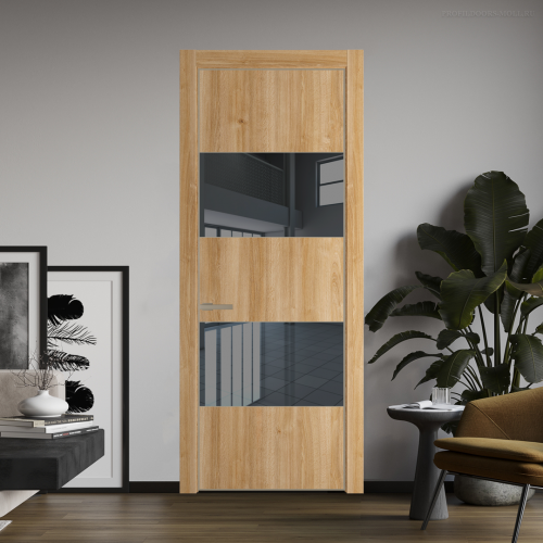 Межкомнатная дверь ProfilDoors 22NA Дуб Карамель профиль Никель матовый вставка Зеркало Grey