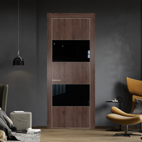 Межкомнатная дверь ProfilDoors 22NA Дуб Тобакко профиль Никель матовый вставка Lacobel Черный лак