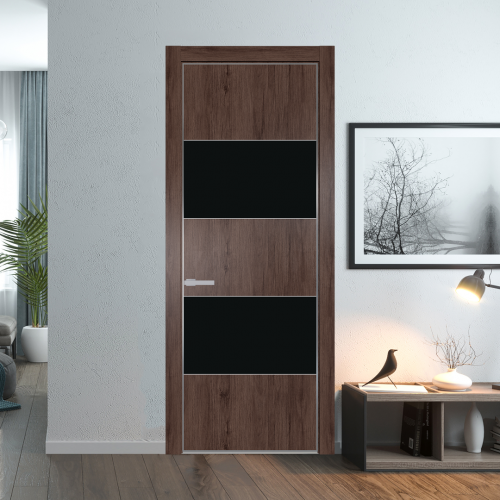 Межкомнатная дверь ProfilDoors 22NA Дуб Тобакко профиль Серебро вставка Монохром черный