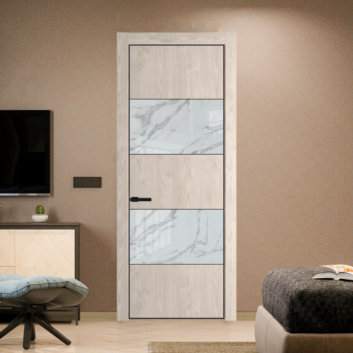 Межкомнатная дверь ProfilDoors 22NA Каштан светлый профиль Черный матовый вставка Нефи белый узор серебро
