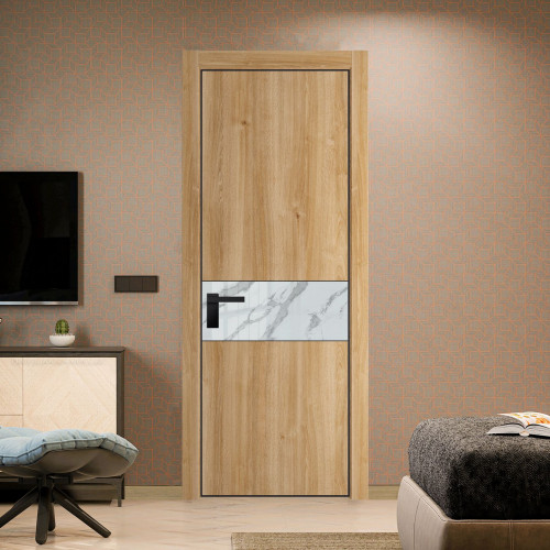 Межкомнатная дверь ProfilDoors 17 NE Дуб Карамель с кромкой Черный с стекляной вставкой нефи белый узор серебро