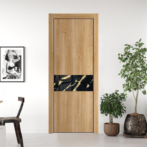 Межкомнатная дверь ProfilDoors 17 NE Дуб Карамель с кромкой Черный с стекляной вставкой нефи черный узор золото