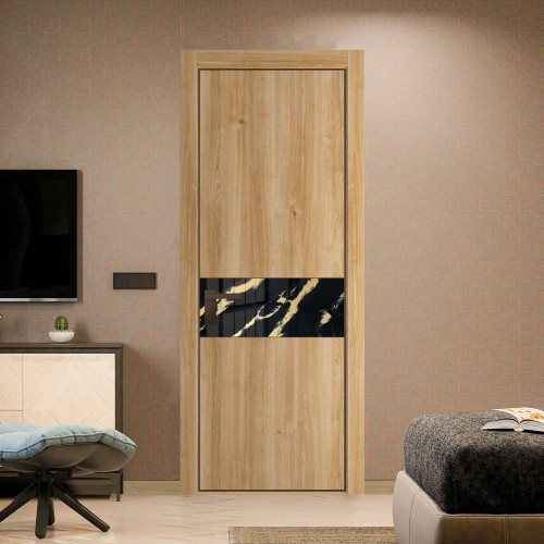 Межкомнатная дверь ProfilDoors 17 NE Дуб Карамель с кромкой Деорэ с стекляной вставкой нефи черный узор золото