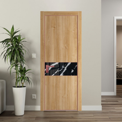Межкомнатная дверь ProfilDoors 17 NE Дуб Карамель с кромкой Красный антрацит с стекляной вставкой нефи черный узор серебро